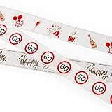 Tiwoca Deko zum 60. Geburtstag – 3 x rot-weiß-goldenes Satin Geschenkband mit Verkehrsschild-Optik Zahl 60 – Ausgefallene Geburtstagsdeko und lustige Geschenkideen für Männer und Frauen