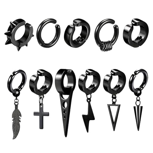 JSTHHTT 10 pcs Pendientes de Aro para Hombre Acero Inoxidable Cruz Cadena Pendientes Negro Hoop Pendientes Diseño Punk para Hombre Mujer