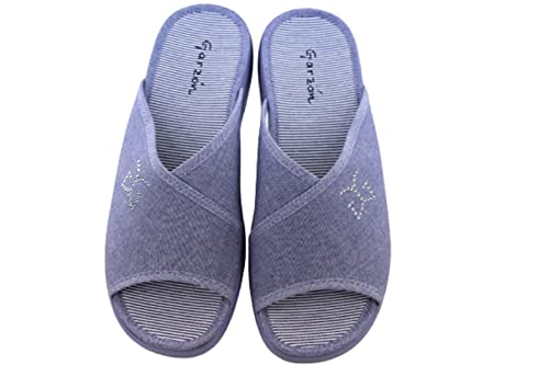 Garzon - Zapatillas Casa suela goma antideslizante para mujer. Color: Azul indigo Logo brillante Puntera abierta Talla: 36