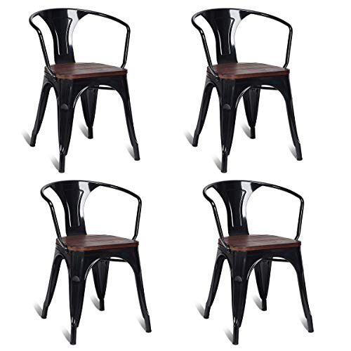 COSTWAY Dining Chairs Industrial Metal Stackable Armrest Chairs Bistro Metal Wood Furniture, Set of 4 (Black)