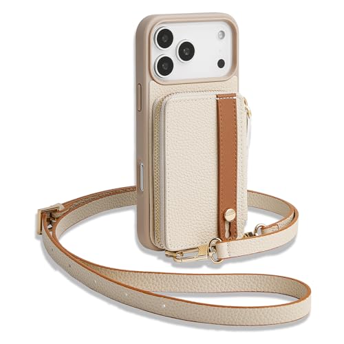 LAMEEKU for iPhone 17 Pro Max Wallet Case with Card Holder Crossbody Case with Kickstand Wrist Strap Cover 6.9 inch Beige