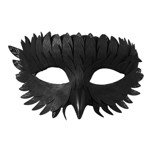 JewelryWe Raven Half Face Mask: Womens Iridescent Feather Crow Masks for Masquerade Halloween Party Cosplay (Black)