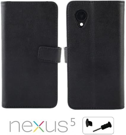 iCustomized (TM) Black Retro Wallet Style Vintage Leather Flip Stand Case with Credit Card / ID Slots for the LG Google Nexus 5 D820 and D821 (Android), Black Audio Jack Dust Plug