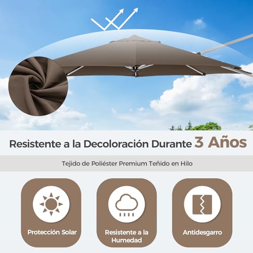 COSTWAY Sombrilla Terraza Exterior con Base 3.39x3.39m, Parasol Jardin Excentrico, Rotación de 360°, Inclinación Ajustable, Guarda Sol Jardin Exterior, Manivela y Base en Cruz (café) - imagen 3