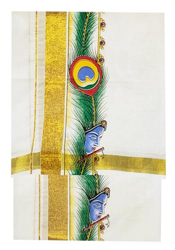 Image of Mens Print along with Border 100% Cotton Cream Dhoti 4.00 Meters Double Mundu /Vesti