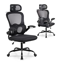 T-THREE.Adjustable ergonomic mesh office chair, swivel seat, study chair with lumbar and headrest adjustment, backrest hook, 360° rotation, 90° flip-up armrests for home office.(Black)