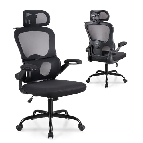 T-THREE.Adjustable ergonomic mesh office chair, swivel seat, study chair with lumbar and headrest adjustment, backrest hook, 360° rotation, 90° flip-up armrests for home office.(Black) T-THREE.Adjustable ergonomic mesh office chair, swivel seat, study chair with lumbar and headrest adjustment, backrest hook, 360° rotation, 90° flip-up armrests for home office.(Black)