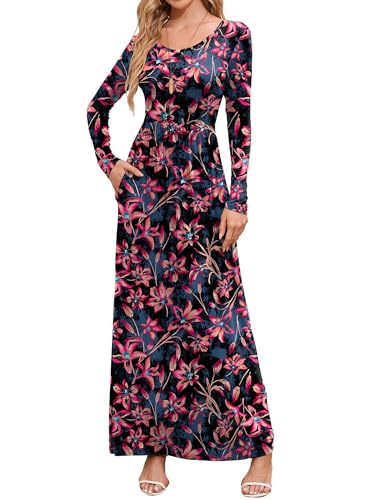 DEARCASE Maxi Dress for Women Floral Black Blue Pink Flower Medium Round Neck Boho Long Sleeves A-line Casual Hawaiian Empire Waist Flowy Party Vintage Spring Fall Winter Dresses with Pocket