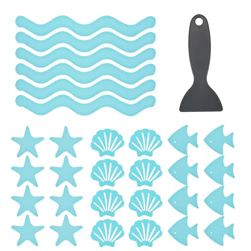 RETON 48 adesivi antiscivolo per vasca da bagno, doccia di sicurezza con stampi a 4 oceani, strisce ondulate antiscivolo, con raschietto per bagno, vasche da doccia, pavimento Poo