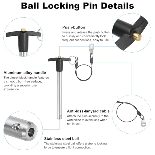 PATIKIL T-Griff Verriegelungsstifte 1/2 x 3,94 (12 x 100mm), Schnellspannstift 304 Edelstahl Sicherheitspositionierungsstifte mit Druckknopf 25 cm Sicherheitsseilkabel