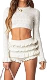 LLECDASEUI Mujer Y2K Estética En Capas Ruffle Shorts Set Hueco Ganchillo Punto Boxer Shorts Lindo Cómodo Bloomer (M,Blanco)