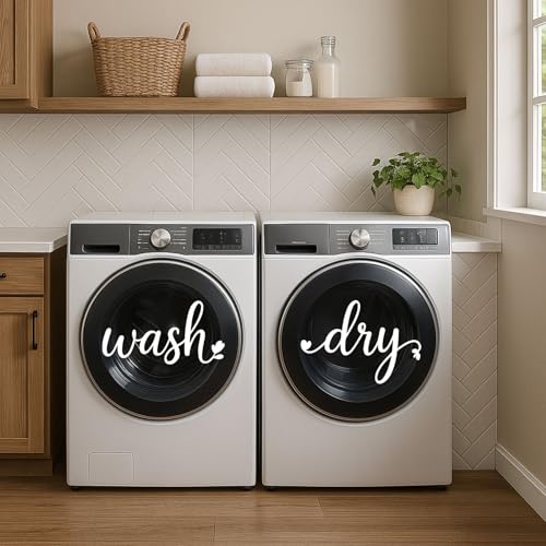Laundry Room Decor Wash Dry Vinyl Decals, White Decals for Washing Machines and Dryers, Laundry Room Labels Stickers, Set of 2, 14x9