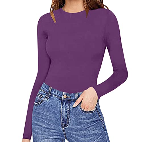 Body Mujer Lentejuelas Body de Manga Larga con Cuello Redondo para Mujer Cómodo la Tops Trajes de Cuerpo Sexy Ropa de Mujer Mujer Caliente (Purple, M)