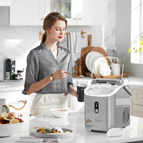 AGLUCKY Nugget Ice Maker Countertop,35lbs/24H,Portable Pebble Ice Machine with Handle,Self-Cleaning Function,Pellet Ice Maker for Home/Kitchen/Office(Grey)