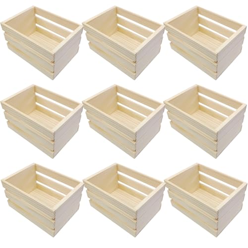 for Crafts and Decor, 9 Pcs Mini Wooden Crates, All Wooden Baskets, Natural Pine Wood, Stacking Design, Open Storage, 4.9 X 3.5 X 2.8 in