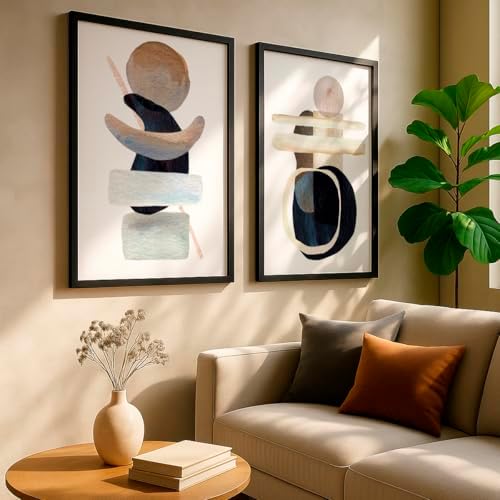 Kit 2 Quadros Decorativos Abstrato Equilíbrio Orgânico Tons Neutr...