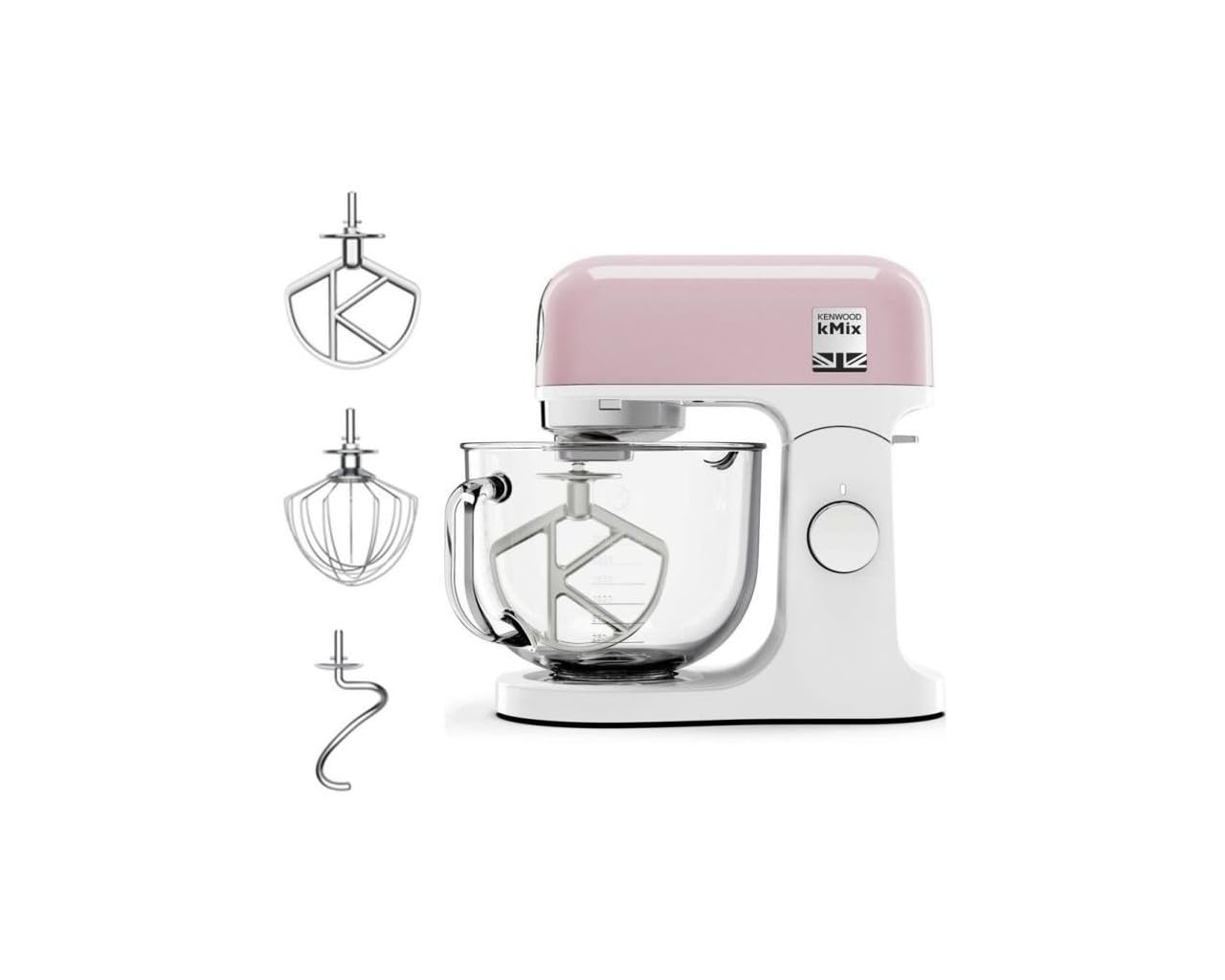 Kenwood kMix Editions KMX754APP, Robot Pâtissier avec Bol en Verre de 5 L, Boîtier en Métal, Ensemble 3 Pièces et Couvercle Anti-Éclaboussure, Vitesse Variable, Système Safe-Use, 1000 W, Rose Pastel