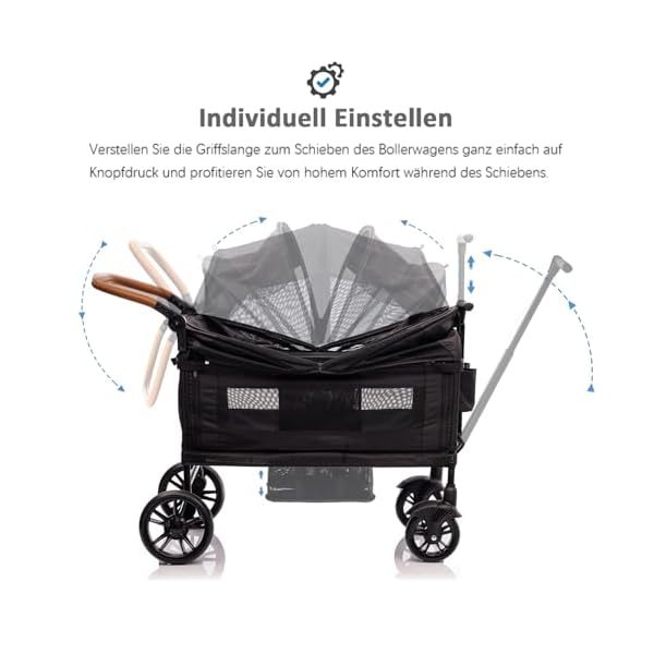 vickey Bollerwagen Faltbar mit Dach 2 Kinder, Cargo-Bollerwagen, Faltbarer Handwagen Schiebegriff, Duo-Kinderwagen Stoßfest PU Räder mit Bremsen, Getränkehalter, 100L Schwarz