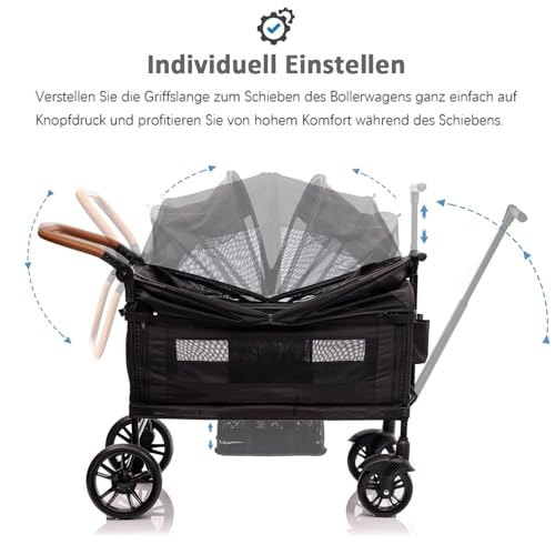 vickey Bollerwagen Faltbar mit Dach 2 Kinder, Cargo-Bollerwagen, Faltbarer Handwagen Schiebegriff, Duo-Kinderwagen Stoßfest PU Räder mit Bremsen, Getränkehalter, 100L Schwarz – Bild 4