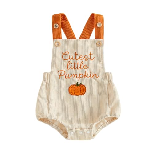 Image of HodJIU Baby Boys Girls My First Halloween Outfits Pumpkin Corduroy Romper Overall (Khaki Cutest Little Pumpkin, 3-6 Months)