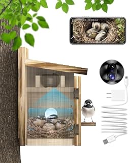 Smart Bird House with Camera for Small Birds Nesting, 2K HD Wi-Fi Bird Watching Cam for Birdhouse, Auto Detect&Notify, Night Vision, APP Control, Wooden Birdhouse with Camera Inside