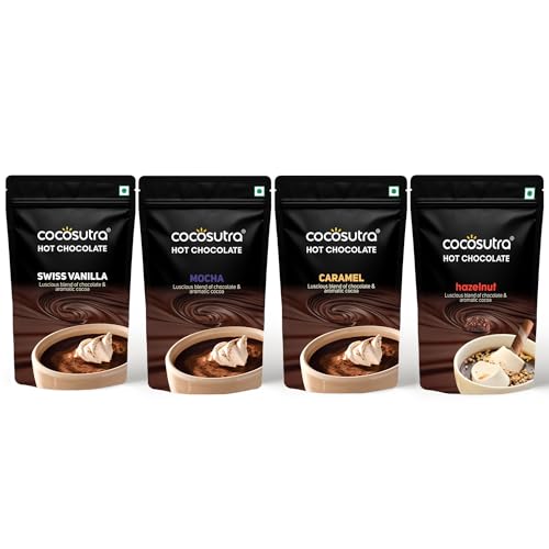 Image of COCOSUTRA Hot Chocolate Mix Combo | Swiss Vanilla, Mocha, Caramel & Hazelnut Flavoured | Enjoy hot or cold | Pack of 4 (Each 100 g) 400 g | Vegan Drinking Chocolate