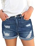 Utyful Women's Mid-Rise Casual Stretchy Distressed Raw Hem Jeans Wash Denim Shorts Roll Hem-Dark Blu