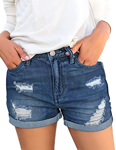 Utyful Women's Mid-Rise Casual Stretchy Distressed Raw Hem Jeans Wash Denim Shorts Roll Hem-Dark Blue Large #TOP5