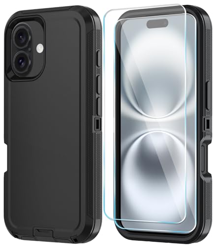 ouyncase Compitable with iPhone 17 Case with HD Screen Protector, [2 in 1 ] Heavy Duty Protection Phone Case for iPhone 17 6.3" (Black)