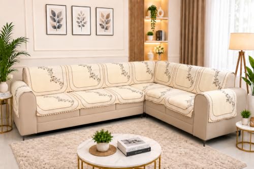 Image of Printed 7 Seater L-Shape Sofa Cover with Arm Covers, Quilted Texture, Sectional Couch Protector for Living Room-Pack of 15 (Beige)