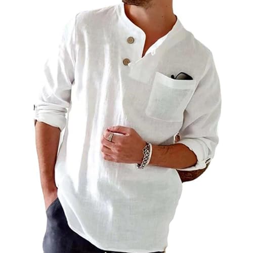 Mens Linen Henley Shirts Long Sleeve Roll Up with Band Collar & Pocket for Beach Vacation Yoga