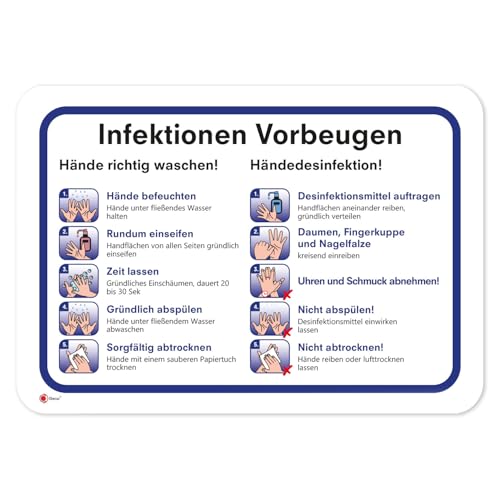 Anleitung zur Vorbeugung von Infektionen I 30 x 20 cm I Hinweis-Schild Gründlich Hände waschen und desinfizieren I Handdesinfektion I Hygienemaßnahmen Aushang I Beschilderung I hin603