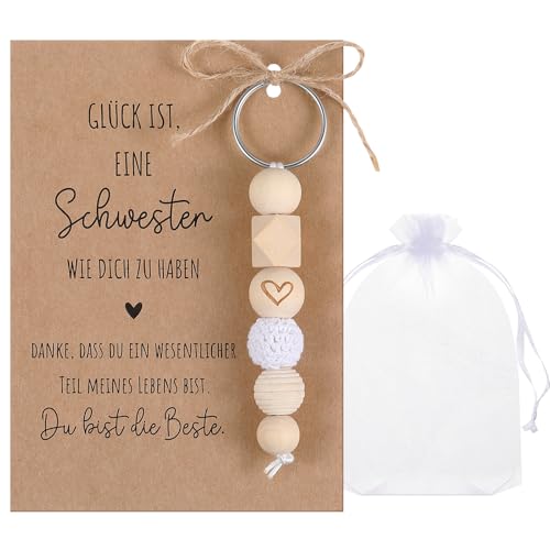 Otuuz Schwester Geschenk Glück Holz Schlüsselanhänger mit Glückskarten Geburtstagsgeschenk Weihnachten Danke Geschenke für Schwester Dankeschön Glücksbringer Geschenke für Frauen(Schwester)