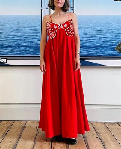 Image of Yuemengxuan Boho Maxi Dresses for Women Spaghetti Strap Flowy Smocked Long Dress Casual Summer Vacation Beach Maxi Dress