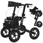 MobiQuip All Terrain 4 Wheel Rollator Walker with Seat, Black Coloured Frame - Lightweight, Folding Mobility Aids with Large 12" Pneumatic Tyres - Adjustable Handles, Easy-Grip Brakes & Storage