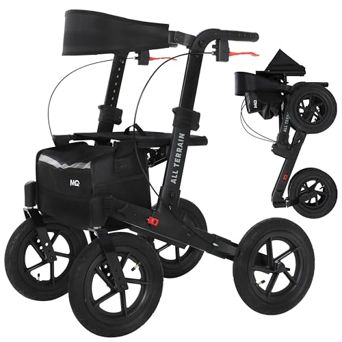 MobiQuip All Terrain 4 Wheel Rollator Walker with Seat, Black Coloured Frame - Lightweight, Folding Mobility Aids with Large 12 Pneumatic Tyres - Adjustable Handles, Easy-Grip Brakes & Storage