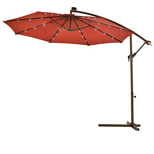 Lotus Analin 10' Hanging Solar LED Umbrella Patio Sun Shade Offset Market W/Base