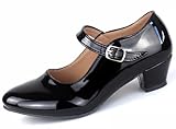 Sevillanas Flamenco-Tanzschuhe für Mädchen, mit verstellbarem Riemen, rutschfeste Sohle, glänzend schwarz, 36 EU