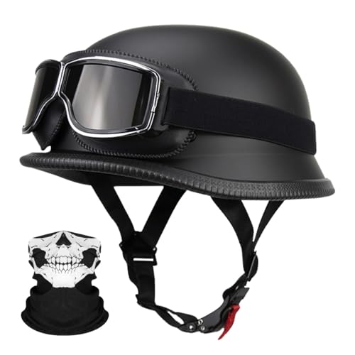 RQTEUYE Deutsche Motorrad Jethelm ECE-Zertifizierung, Vintage Halbhelme Halbschalenhelm mit Schutzbrille Chopper Helm für Cruiser Street Scooter mit Schnellverschlussschnallen 22.4-25.2in