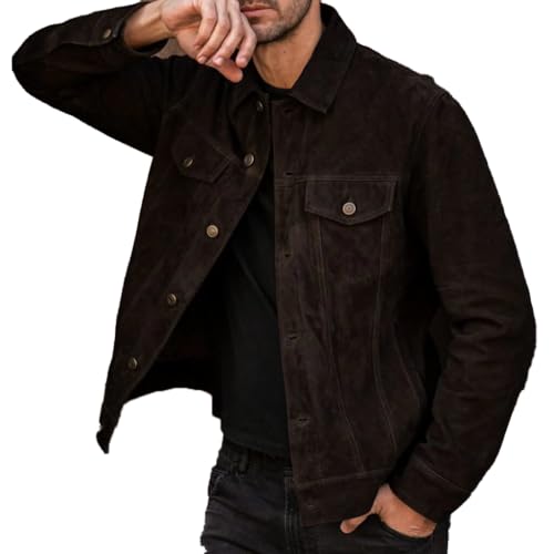 Image of Isaac & David Chicago Men's Vintage Trucker Suede Leather Jacket - Denim Biker Cafe Racer Causal Western Cowboy Jacket