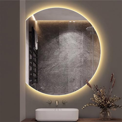Aenmezen Nowoczesne półokrągłe lustro ścienne z podświetleniem LED, z przełącznikiem dotykowym, 3 kolory, regulowana jasność, bez ramy, 100 x 90 cm