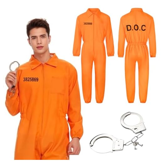 Hengrongshen Disfraz Preso, Mono Naranja Disfraz Preso Llevar un par de Esposas, Disfraz preso Hombre Adecuado para Halloween, Carnaval, Fiestas Rave, Cosplay