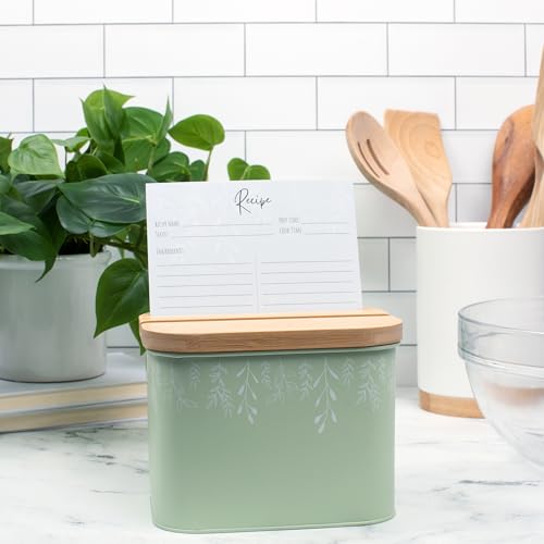 Recipe Box with Cards | Tin Recipe Card Box with [Set of 50] Recipe Cards 4x6 | Green and White Vine Design Recipe Cards and Box Set | Recipe Card Holder w/ Bamboo Lid | DIY Cookbook Recipe Holder - Thumbnail 6