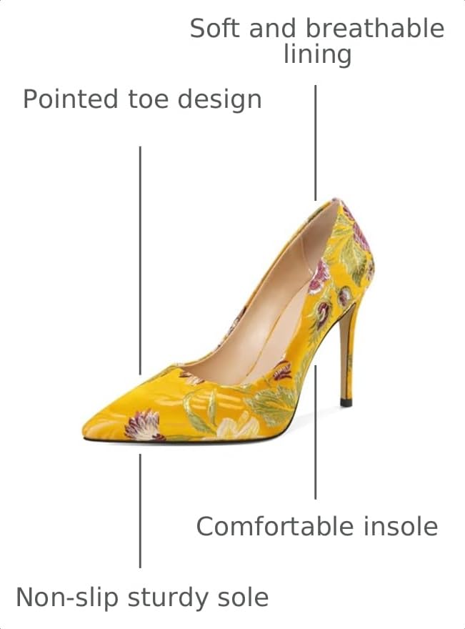 Image of Eldof Pumps High Heels for Women, Pointed Toe Slip On Stiletto Heels with Flower Embroidered Design, Perfect for Wedding Dress, Satin Yellow Heels 4 Inches US Size 9