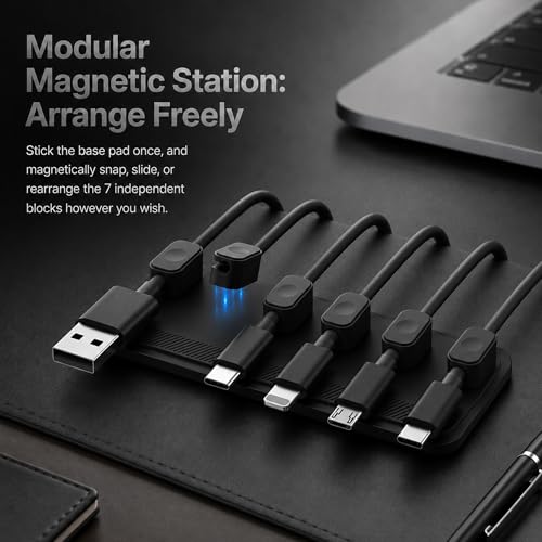 [DHB] Magnetic Cable Management Station [1 Base + 7 Clips], Self Adhesive Cord Organizer System, Wire Holder for Desktop USB Charging Cable, PC Mouse Wire, Nightstand, Office & Home