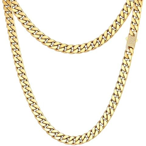 CaptainSteeL Miami Cuban Link Chain Necklace for Men/Women,316L Stainless Steel/Gold Plated 9MM Width 18"/20"/22"/24" Length Fashion Snap Shiny Ziron Button Hip Hop Jewelry with Gift Box Cover
