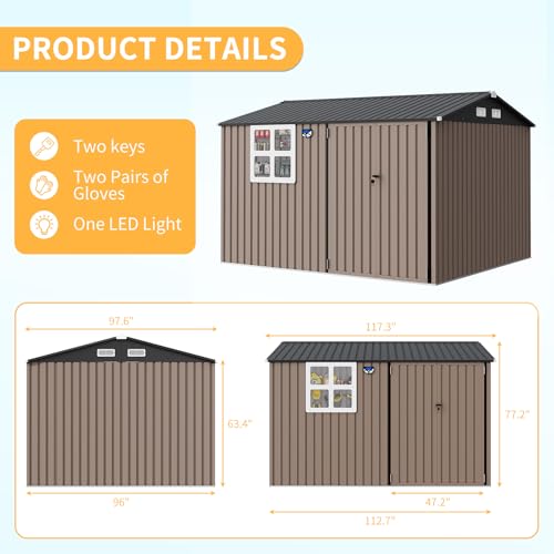 8x10 ft Outdoor Storage Shed, Metal Garden Tool Shed with Updated Frame Structure, Lockable Doors and Windows, Ideal for Backyard Garden Patio Lawn, Brown
