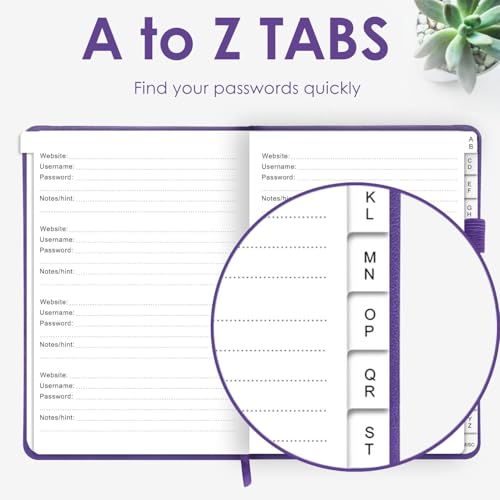 Elegant Password Book with Alphabetical Tabs - Hardcover Password Book for Internet Website Address Login - 7" x 10" Password Keeper and Organizer w/Notes Section & Back Pocket (Violet Purple) by JXSELECT - Used condition - Image 2
