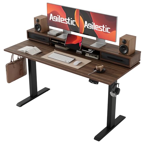 Image of Agilestic 63 Inch L Shaped Electric Standing Desk with Shelf, Height Adjustable Large Desk with Power Outlets & LED, Corner Sit Stand Up Table with Monitor Stand, Computer Workstation, Vintage