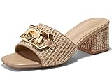 Coutgo Womens Raffia Slide Sandals Chunky Block Heeled Square Open Toe Metal Chain Slip on Mules Dressy Shoes, Coffee, Size 8.5